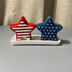 Americana Star Salt and Pepper Shaker Set with Tray Red White Blue NWT